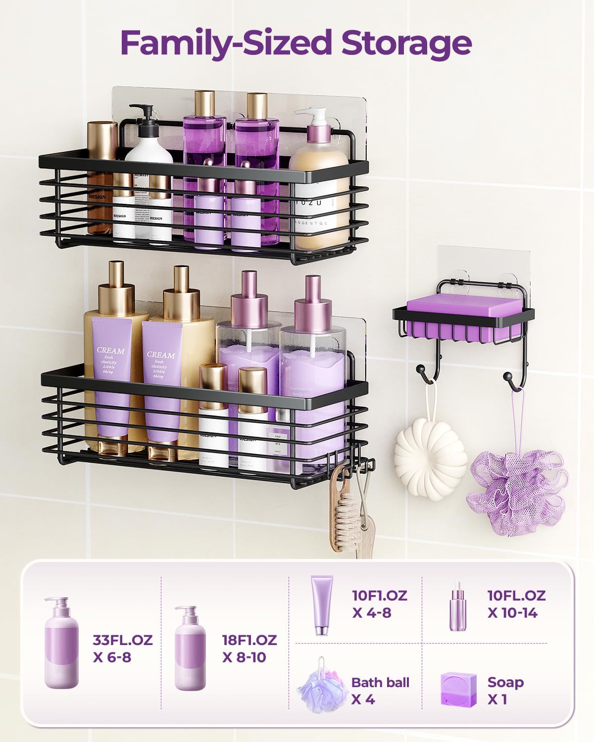ODesign Shower Shelves Adhesive 3 Pack Stainless Steel Storage Shelve-Black
