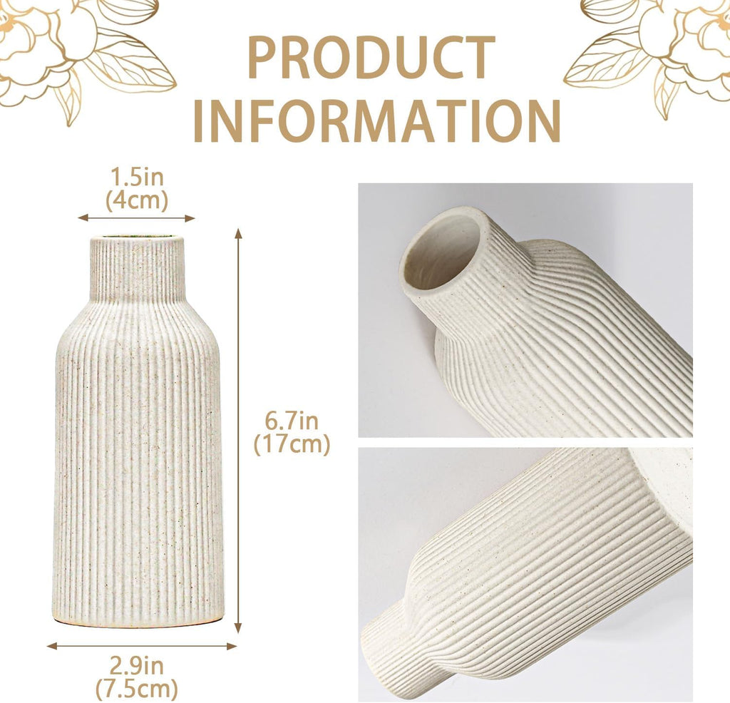 Bohemian Beige Ceramic Vase - for Pampas Grass, Mantel, Bookshelf, Entryway and Living Room Decor (Beige, 7in)