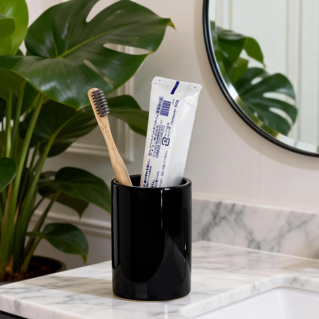 Glossy Black Ceramic Toothbrush Holders for Bathroom Countertop, 2 Pack