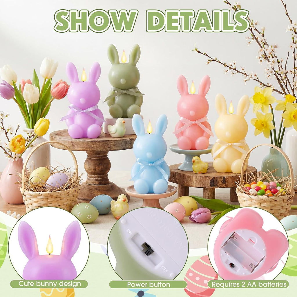 Baquler 5 Pcs Large Easter Bunny Led Flameless Candle 8 Inch Battery Operated Candles with Remote Real Wax Cute Rabbit Shape Candle with Bow 3D Flickering for Gift Home Party Decor (Spring Colors)