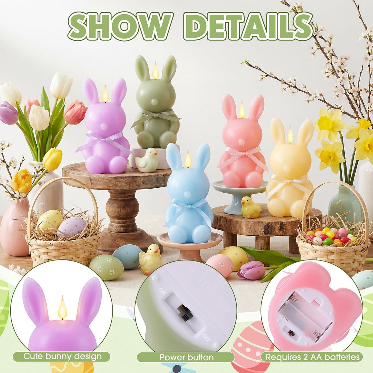 Baquler 5 Pcs Large Easter Bunny Led Flameless Candle 8 Inch Battery Operated Candles with Remote Real Wax Cute Rabbit Shape Candle with Bow 3D Flickering for Gift Home Party Decor (Spring Colors)