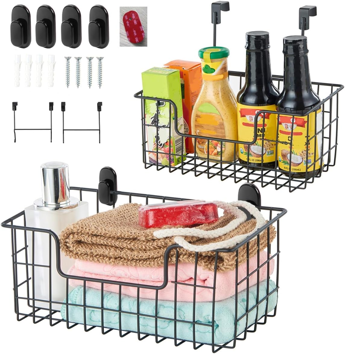 JUNCHU CHERRY Wire Storage Basket 2 Packs, Wall Mounted Kitchen Bathroom, Hanging Cabinet Door Storage Basket, no Drilling, Supporting 2 Types of Hooks, Strong Bearing, Suitable for Home, Black