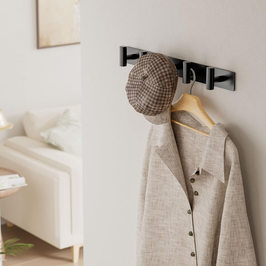 Black Wall Mounted Coat Rack – 5 T-Shaped Hooks on 16.5" Rail, (1 Pack)
