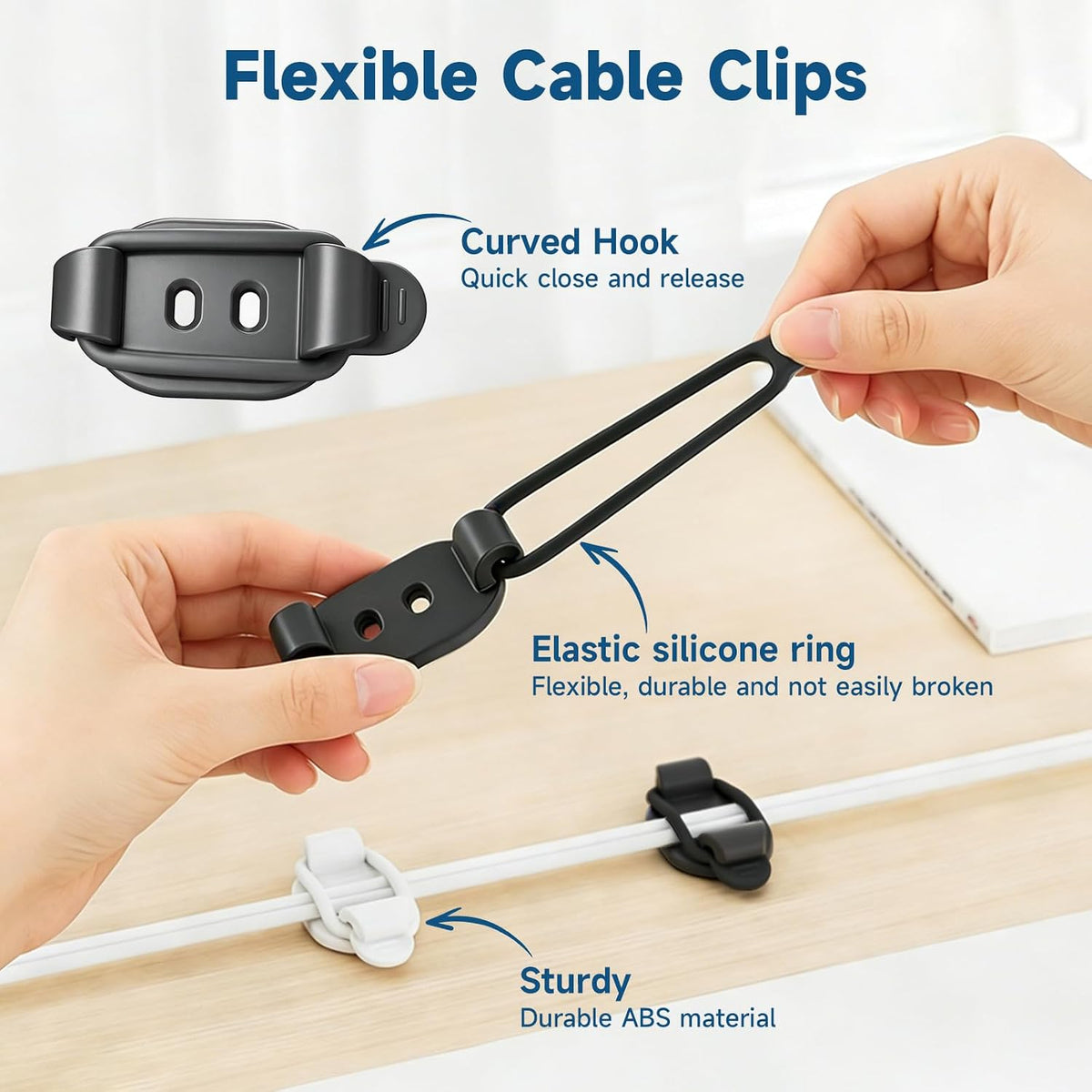 20 Sets Adjustable Cable Management Clips, Self Adhesive Cord Organizer with Elastic Loop, Reusable Cable Holder for Desk, Under Desk, Wall, TV, Office, Home, Charging Cables, USB, HDMI, PC Wires