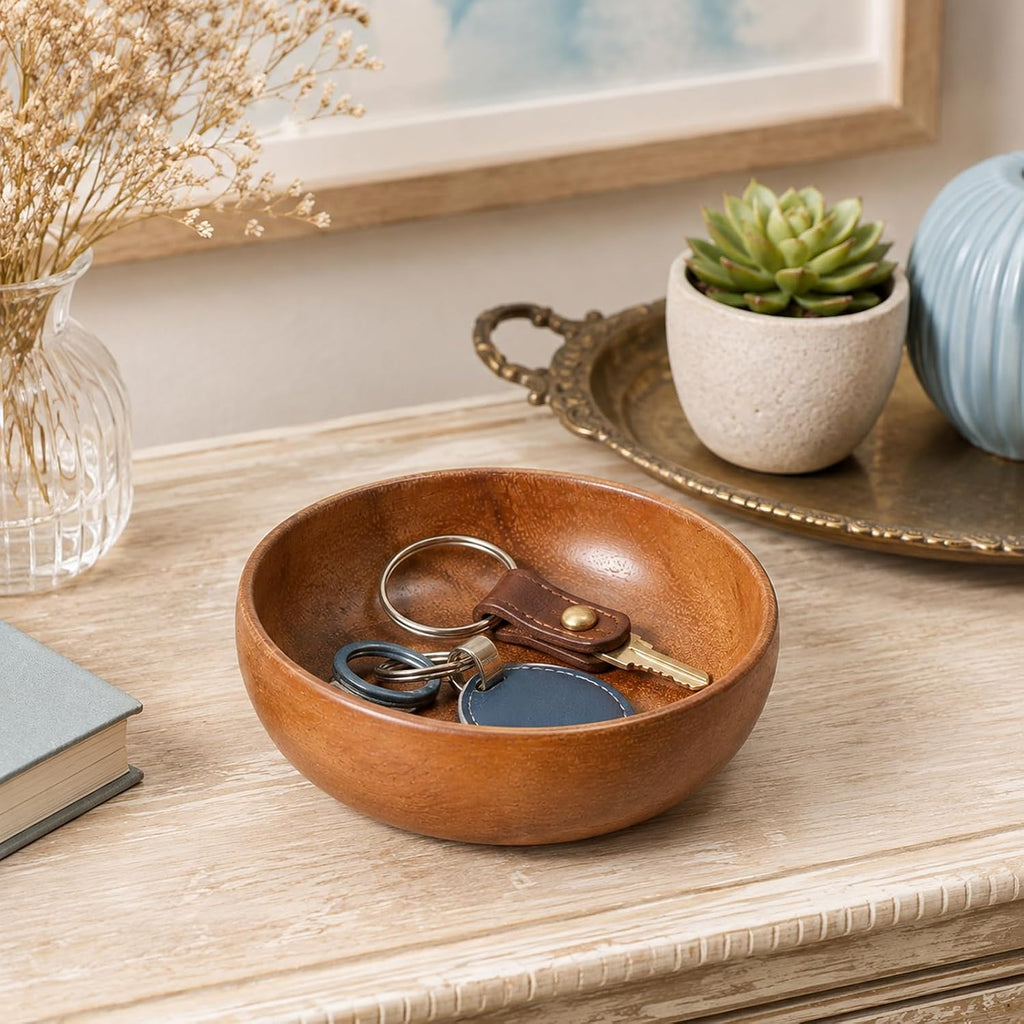 4 Inch Small Acacia Wood Key Bowl for Entryway Table, Compact Round Wooden