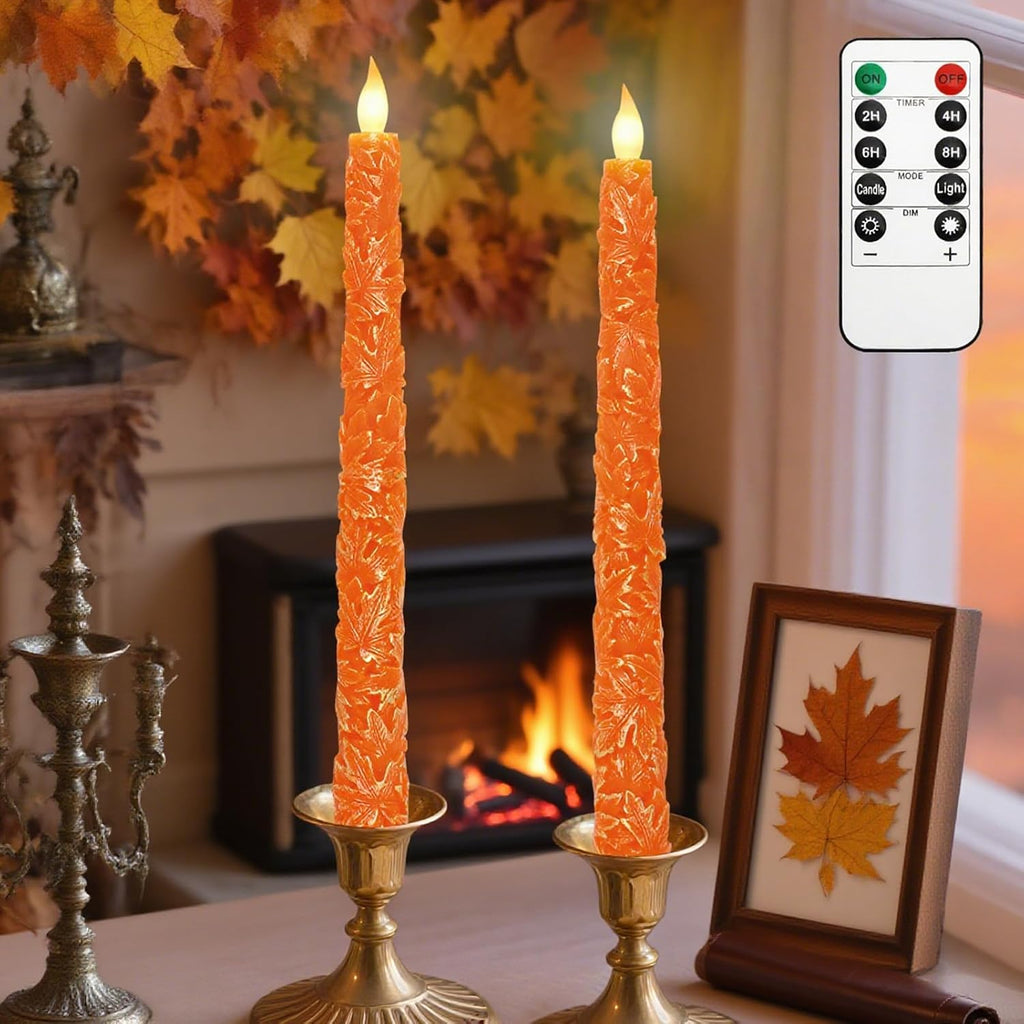 Impress Life Fall Flameless Taper Candles, Carved Maple Leaf Real Wax