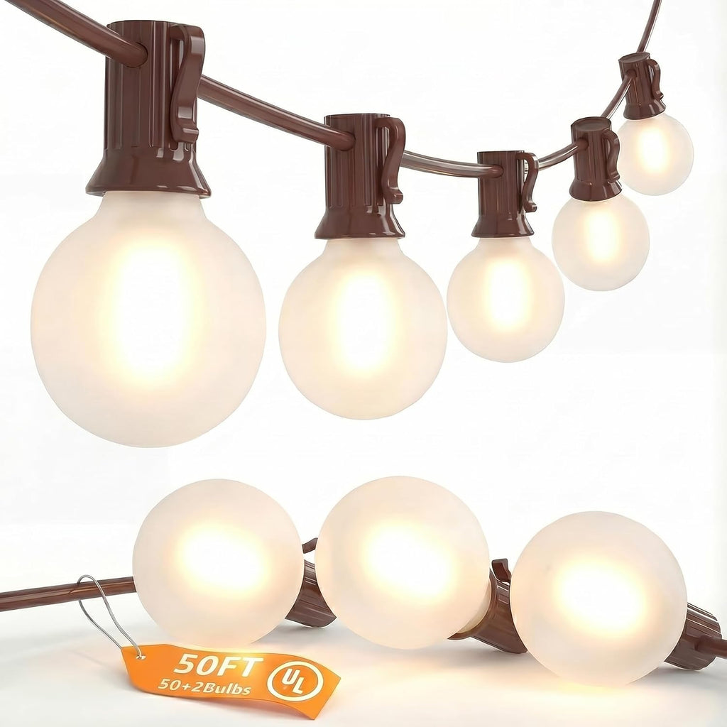 SUNSGNE 50FT Brown Outdoor Edison String Lights, Waterproof Shatterproof LED Globe String Lights with 50 G40 LED Frosted White Bulbs for Backyard Patio Porch Balcony Party Decor, E12 Base