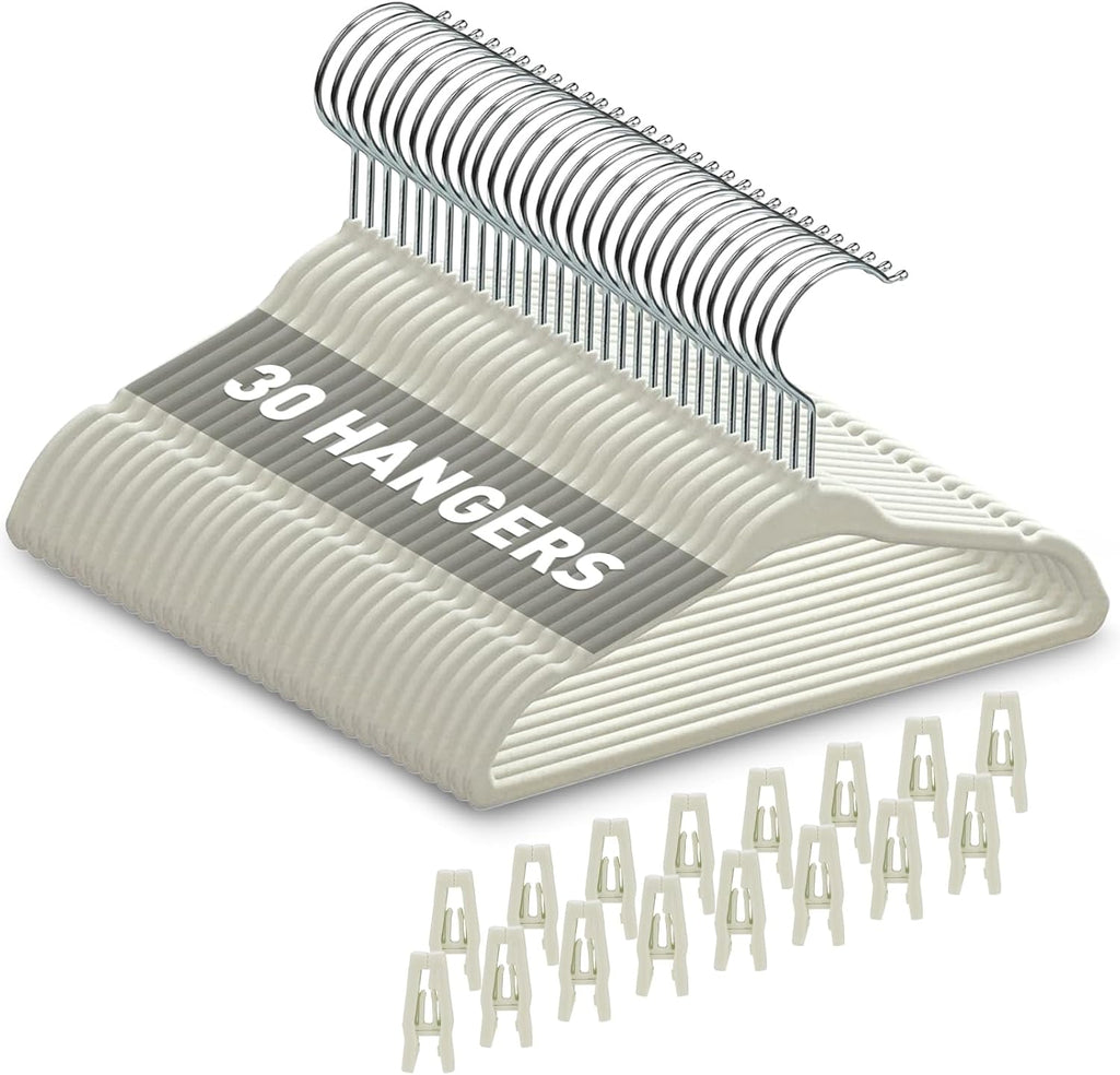 Babyrish Velvet Baby Hangers with Clips (30 Pack) | 11” Ultra-Slim Baby Clothes Hangers | Non-Slip Felt | Space-Saving Nursery & Infant Closet Organizer | Beige