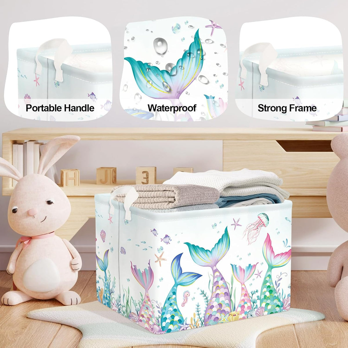 Fantasy Princess Laundry Hamper Colorful Large Storage Basket Collapsible Parents Organizer Kids Toy Clothes Bins for Bedroom, Bathroom, Mermaid, 36L