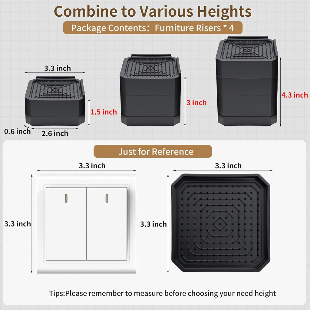 4 Pack Bed Risers Heavy Duty, Adjustable Furniture Risers for Bed Couch Sofa Desk Chair Blocks, Lift Height 1.5", 3" or 4.3" (Black, One Layers 1.5 Inches)