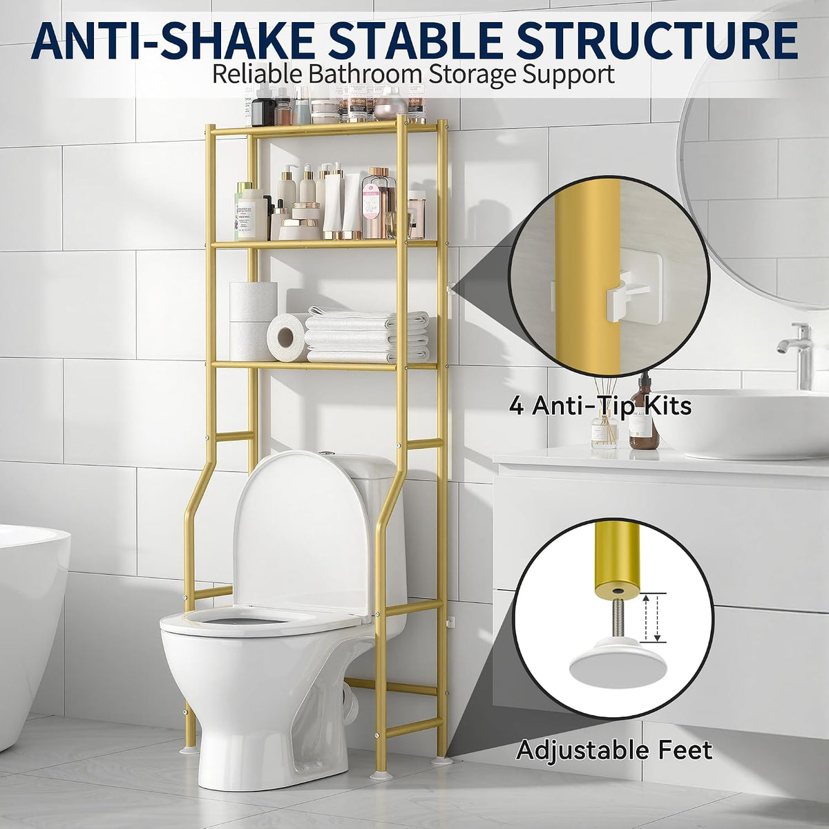 Livilord 3-Tier Over The Toilet Storage Rack, Space Saver Metal Bathroom Shelves, Freestanding Over Toilet Bathroom Organizer for Bathroom/Living Room (Gold)