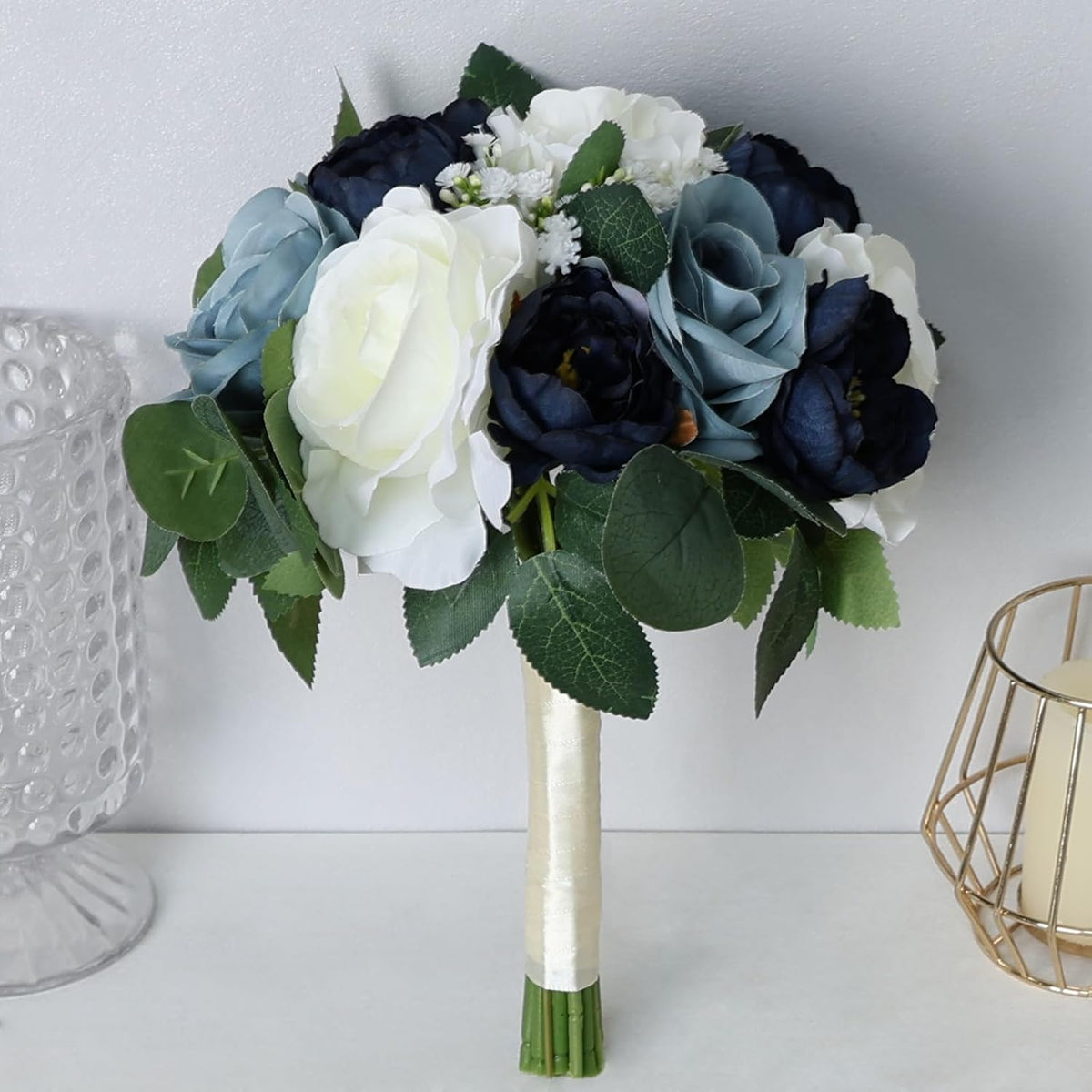 Set of 6 Bridesmaid Bouquets, 11 Inch Navy & Dusty Blue & White