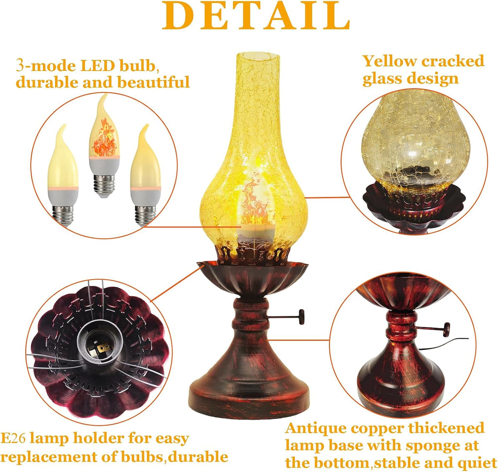 Vintage Table Lamp - 3 - Mode Dimmable Retro Rustic Desk Lamp with Crackle Glass Shade, Antique Victorian Western Style, E26 Bulb Included, Ideal for Bedroom, Living Room, Home Decor (Yellow Glass)