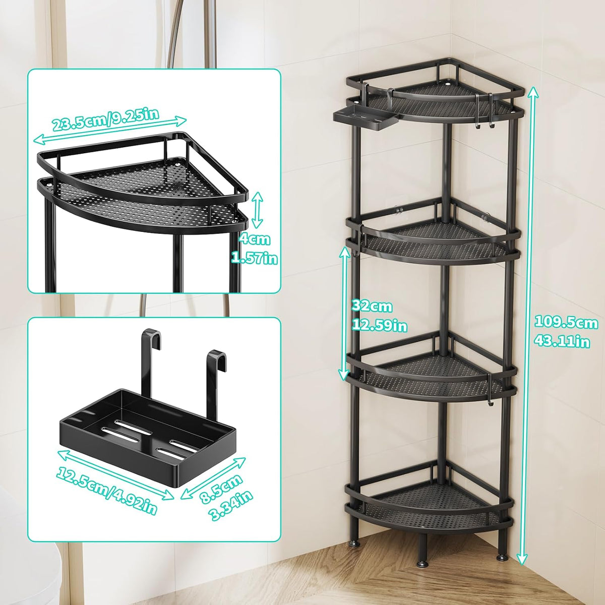 HapiRm Standing Corner Shower Caddy - 4 Tier Shower Organizer Corner with Soap Holder and 4 Hooks, Rustproof Bathroom Storage Shelves with Adhesives, Black