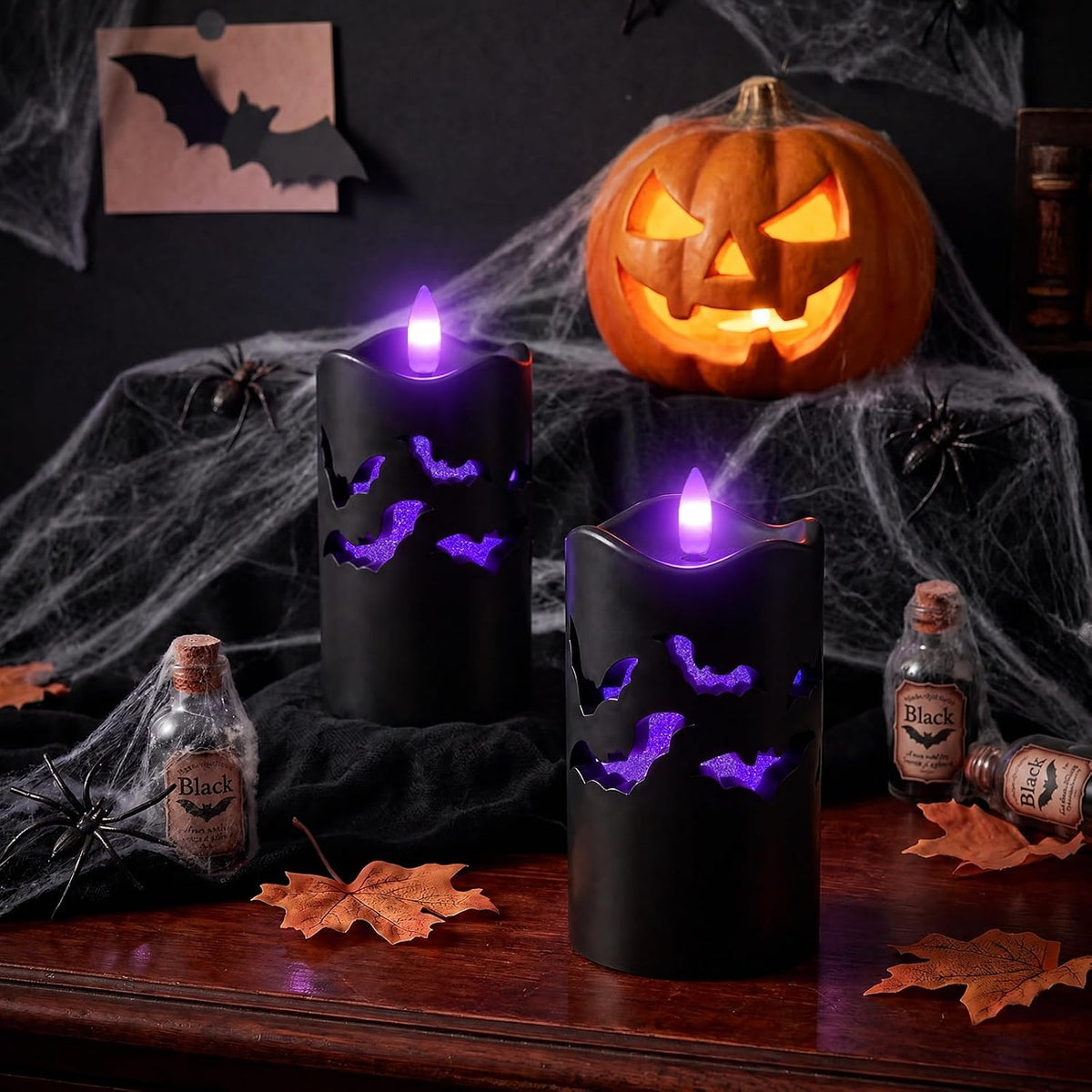Halloween Flameless Pillar Candles with Bat Cutouts, Remote Control, 2 Pack