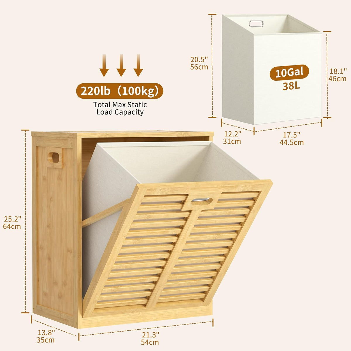 VASMIA Tilt Out Laundry Hamper, Bamboo Laundry Cabinet with Hidden Removable Basket,Dirty Clothes Storage Organizer for Bedroom, Bathroom, Living Room, Natural
