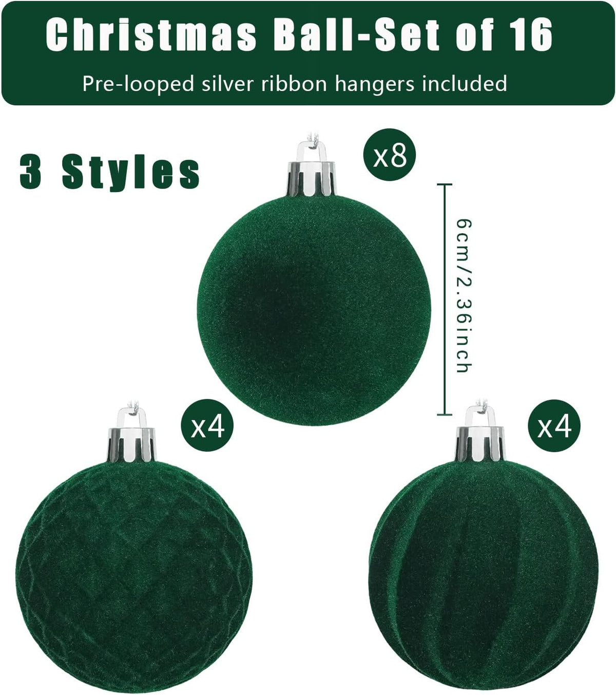 Artmag 16 Pcs Velvet Christmas Balls Hanging Ornaments Set, Shatterproof Plastic Flocked Christmas Tree Balls Xmas Decorations Festival Holiday Party Decor (Green,2.36 Inch)