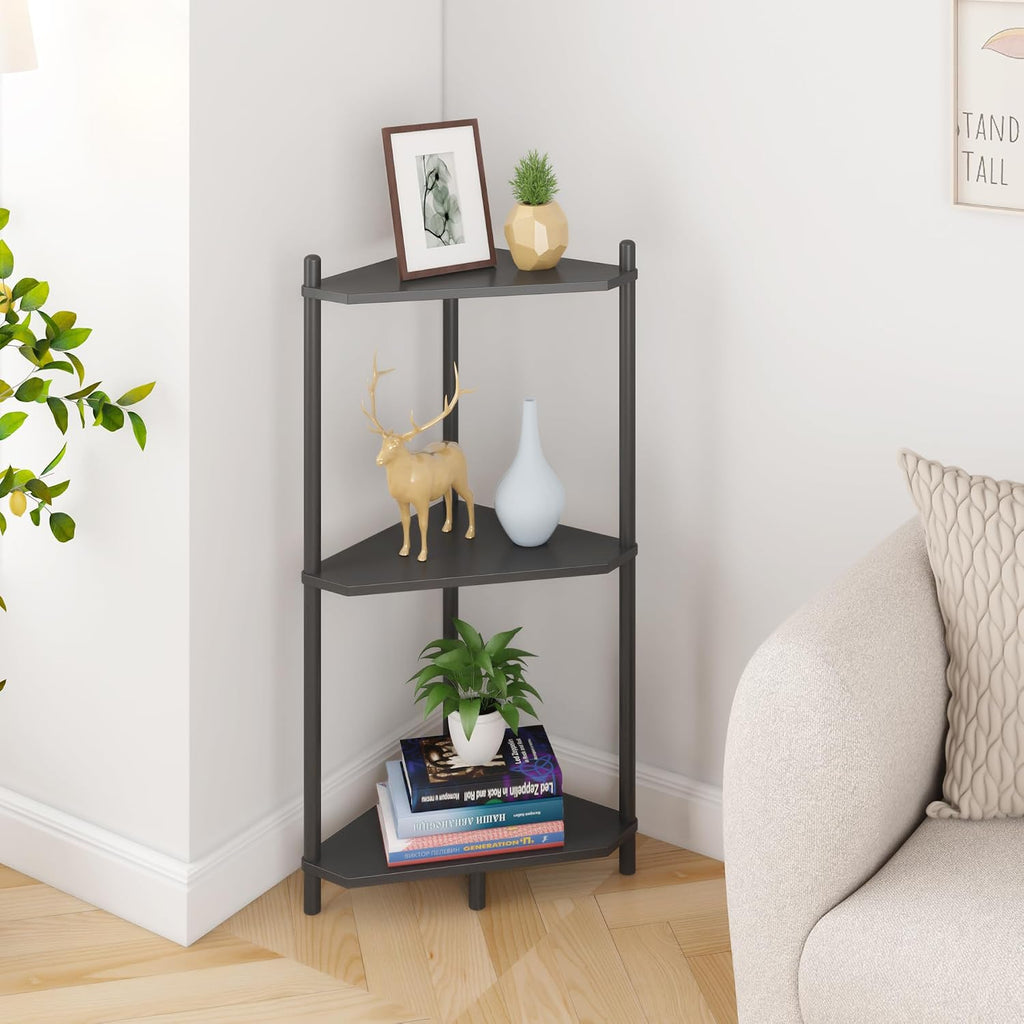 Wisuce Black Small Corner Shelf Stand, 3-Tier Bamboo Corner Bookshelf