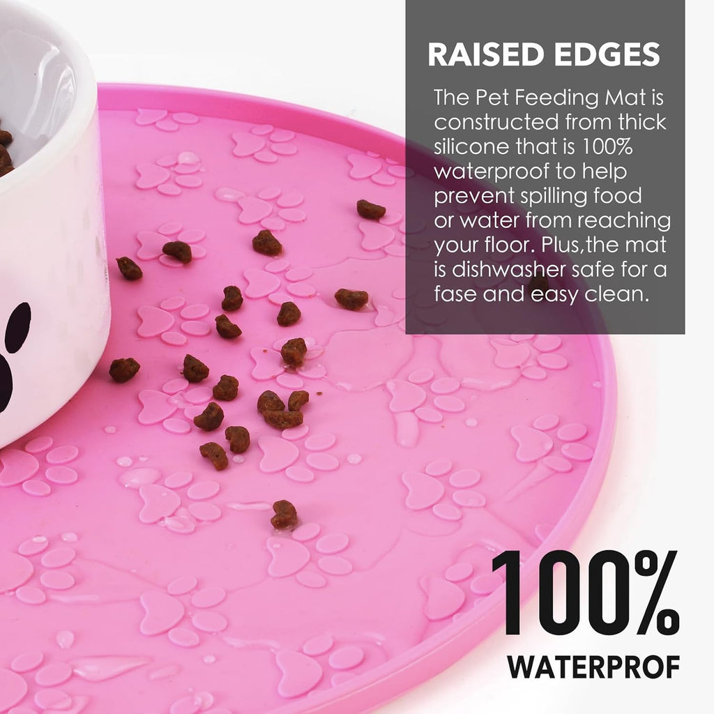 Silicone Pet Food Mat - Waterproof Dog Food Bowl Mat Cat Feeding Mat Thicker Pet Placemat Eating Mat with High Lip to Prevent Spills, Dog & Cat Water Bowl Mat for Messy Drinkers to Protect Floors,Pink