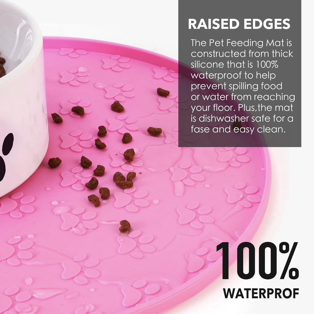 Silicone Pet Food Mat - Waterproof Dog Food Bowl Mat Cat Feeding Mat Thicker Pet Placemat Eating Mat with High Lip to Prevent Spills, Dog & Cat Water Bowl Mat for Messy Drinkers to Protect Floors,Pink