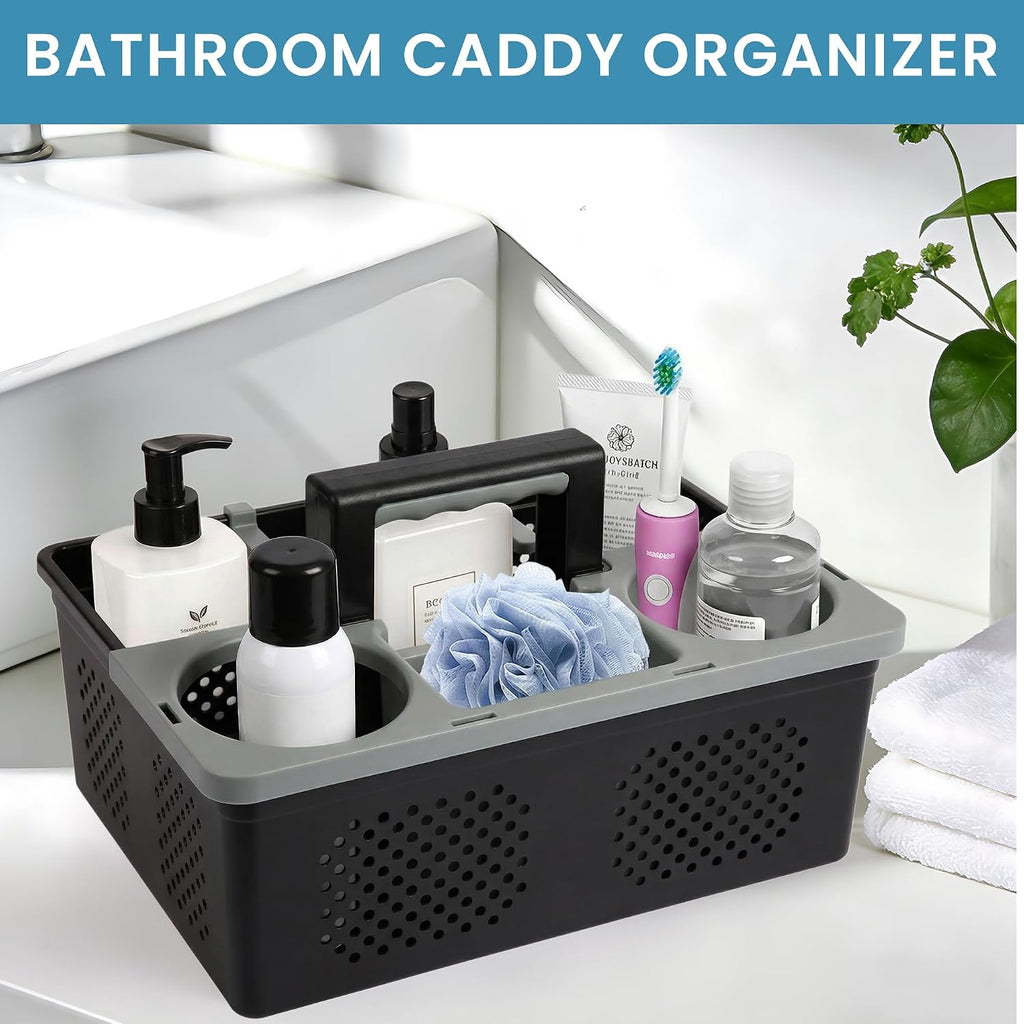 KMV Portable Shower Caddy Dorm: Features handles and adjustable compartments，Ventilation and Drainage Hole Design Cleaning Basket，ideal for toiletries， Essential for college dorms-black