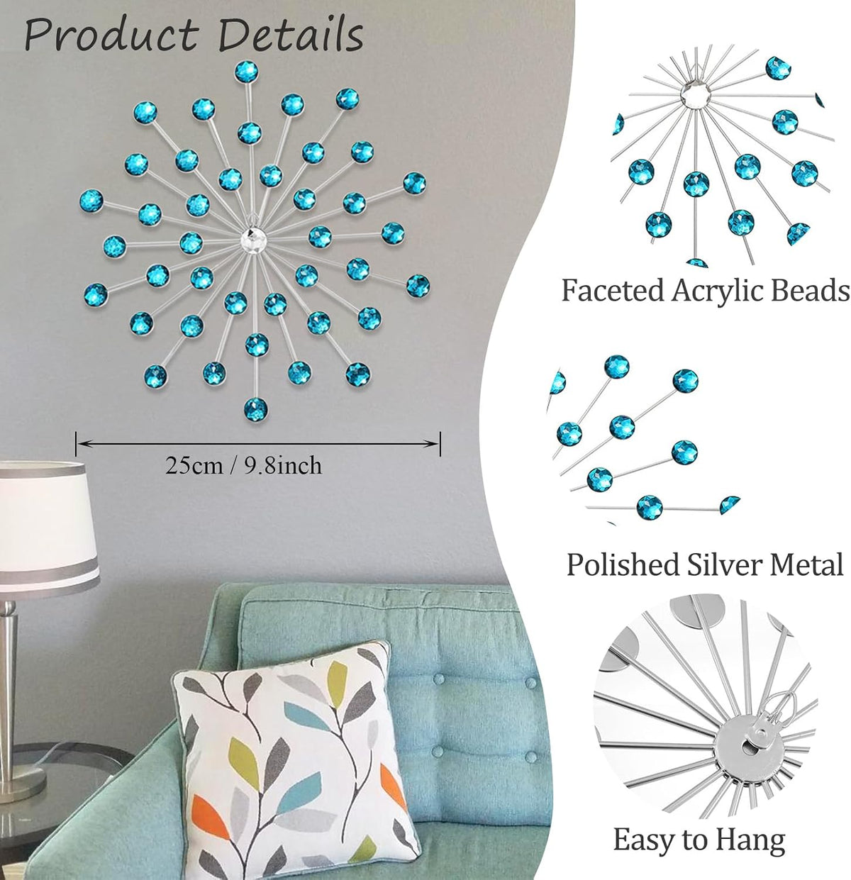 SIYIKRYP Set of 4 Crystal Sunburst Wall Decor – 9.8" Metal Wall Art with Blue Rhinestone Accents – Modern 3D Starburst Hanging Ornaments for Living Room, Bedroom, Office