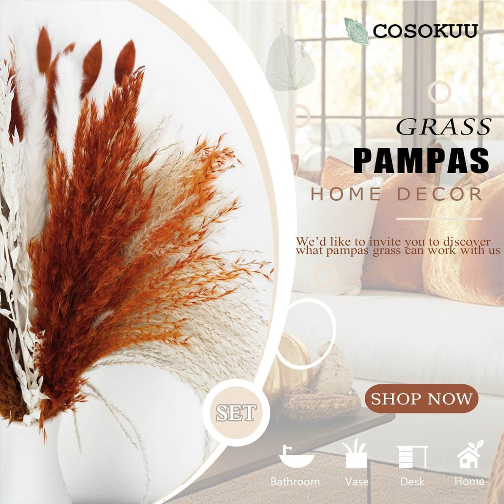 Pampas Grass Dried Flowers for Vase, Burnt Orange Pampas Grass Boho Home Decor, Wedding Decorations (Mixed Burnt Orange)