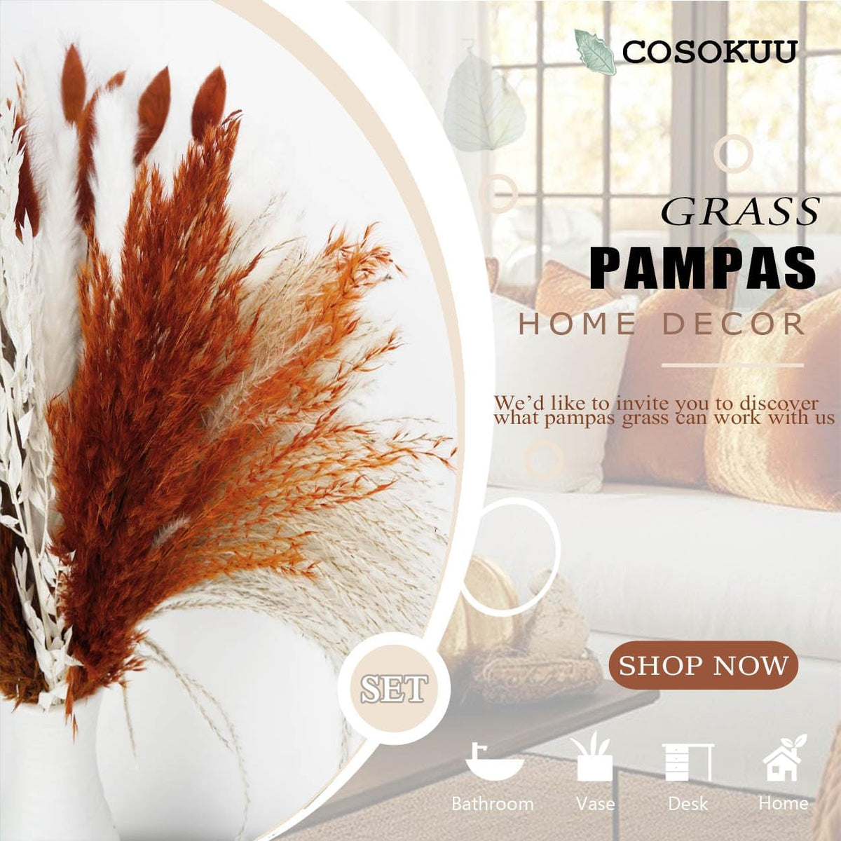 Pampas Grass Dried Flowers for Vase, Burnt Orange Pampas Grass Boho Home Decor, Wedding Decorations (Mixed Burnt Orange)