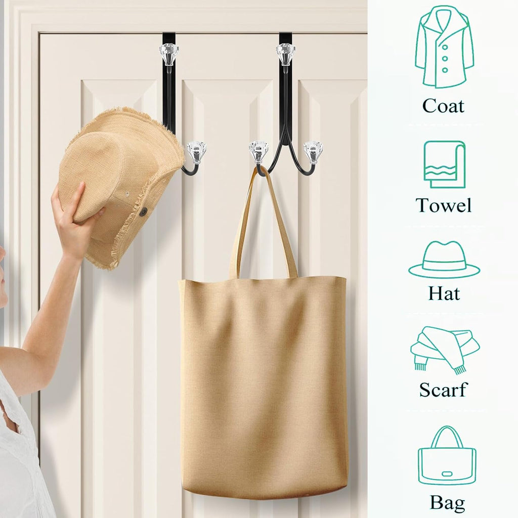 Over The Door Hook, Door Hanger Hook 3 Diamonds Hangers with Sturdy Metal for Hanging Clothes, Towels, Coats, Bags, Hats (Black 2 Pack)