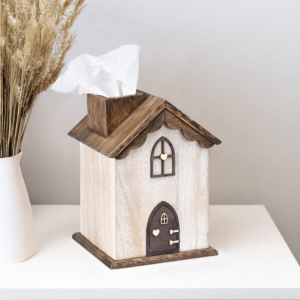 Ikee Design Farmhouse Wooden Square Tissue Box Cover, Brown Color