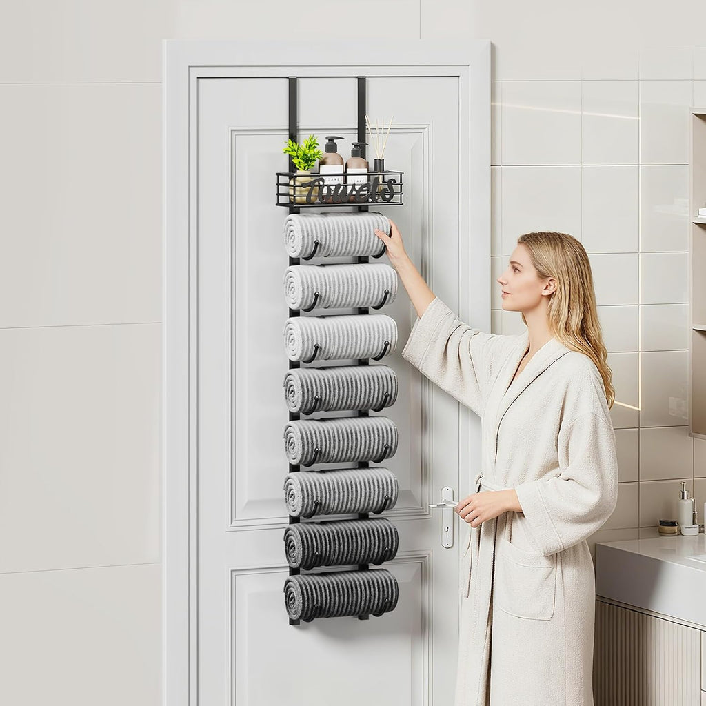 SWTYMIKI Hanging Towel Racks for Bathroom - 9 Tier Over the Door & Wall Mounted Bath Rolled Towel Storage Organizer Holder for Small Bathroom, RV, Camper, Black (Patented)