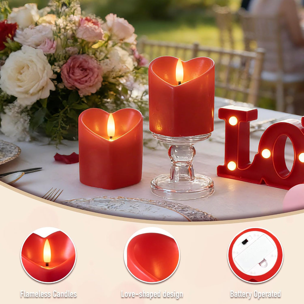 JOIONE Valentines Day Red Heart Flameless Candles with Remote, 2 Pack