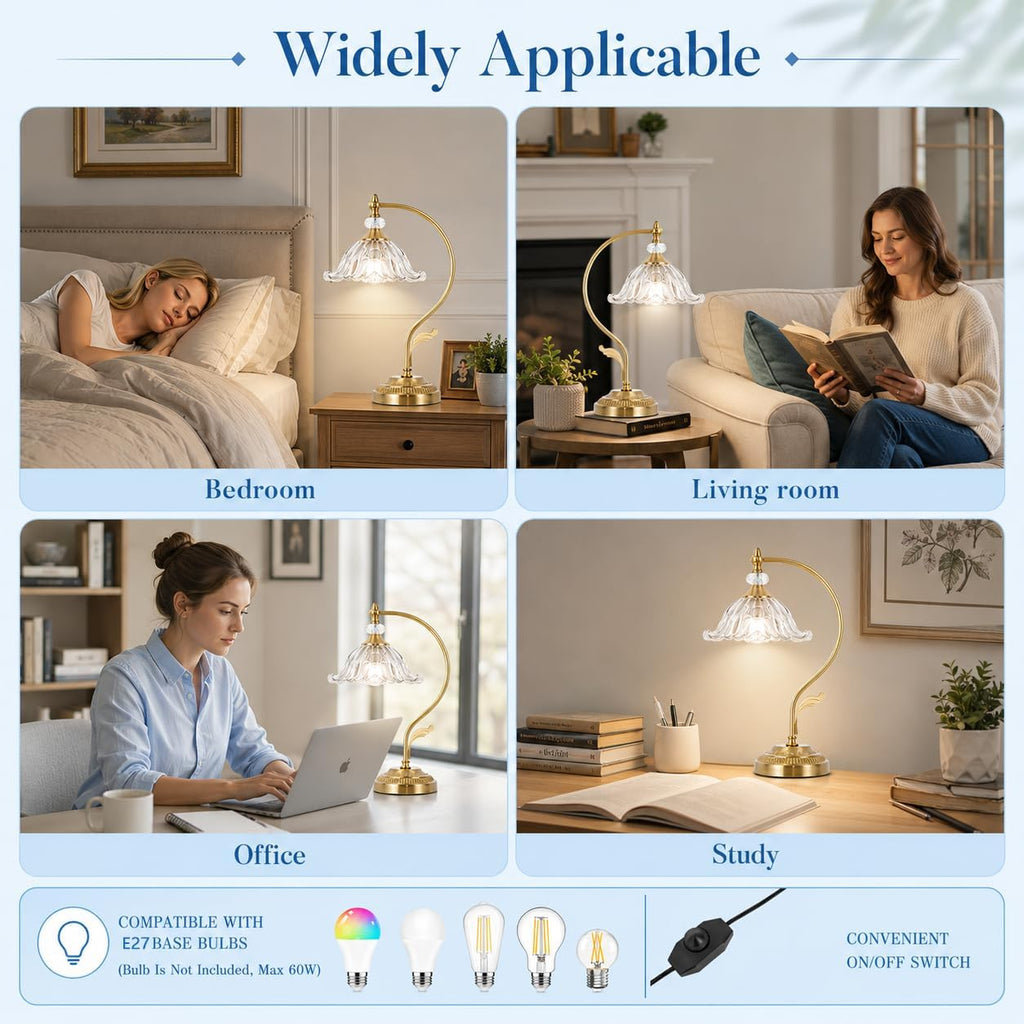Vintage Floral Table Lamp, Plug in Mid-Century Modern Desk Lamp with Transparent Glass Shade, Gold Bedside Table Lamp Dimmable for Bedroom Living Room Home Office, E26 Base, UL Listed