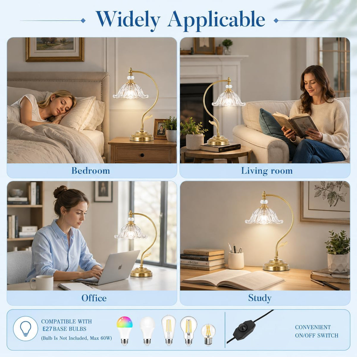 Vintage Floral Table Lamp, Plug in Mid-Century Modern Desk Lamp with Transparent Glass Shade, Gold Bedside Table Lamp Dimmable for Bedroom Living Room Home Office, E26 Base, UL Listed