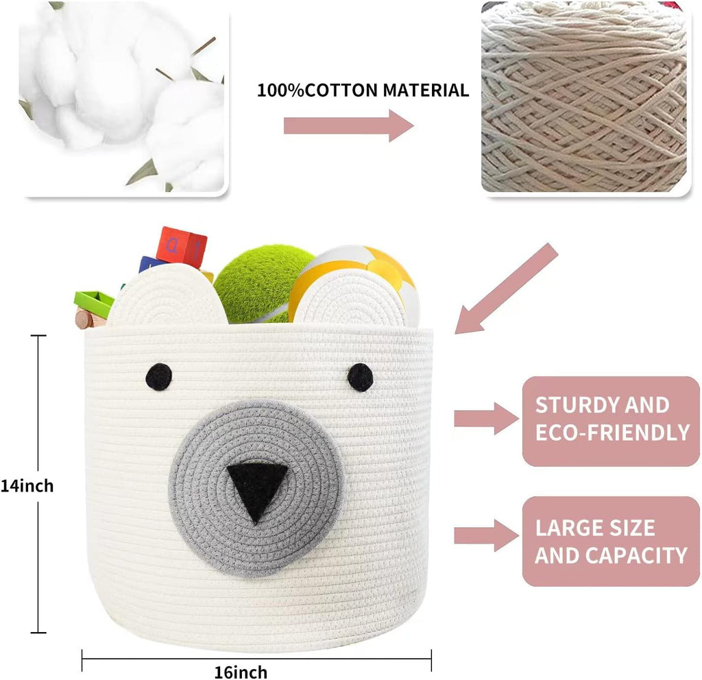 Foldable Woven Laundry Basket with Cute Bear Design - Large Capacity Decorative Organizer for Toys, Blanket, Towels, Clothes - White (16D x 14H inch)