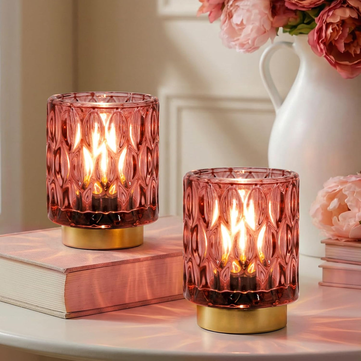 Battery Operated Table Lamp Timer, Small Cordless Lamps Decorative, 2 Pink