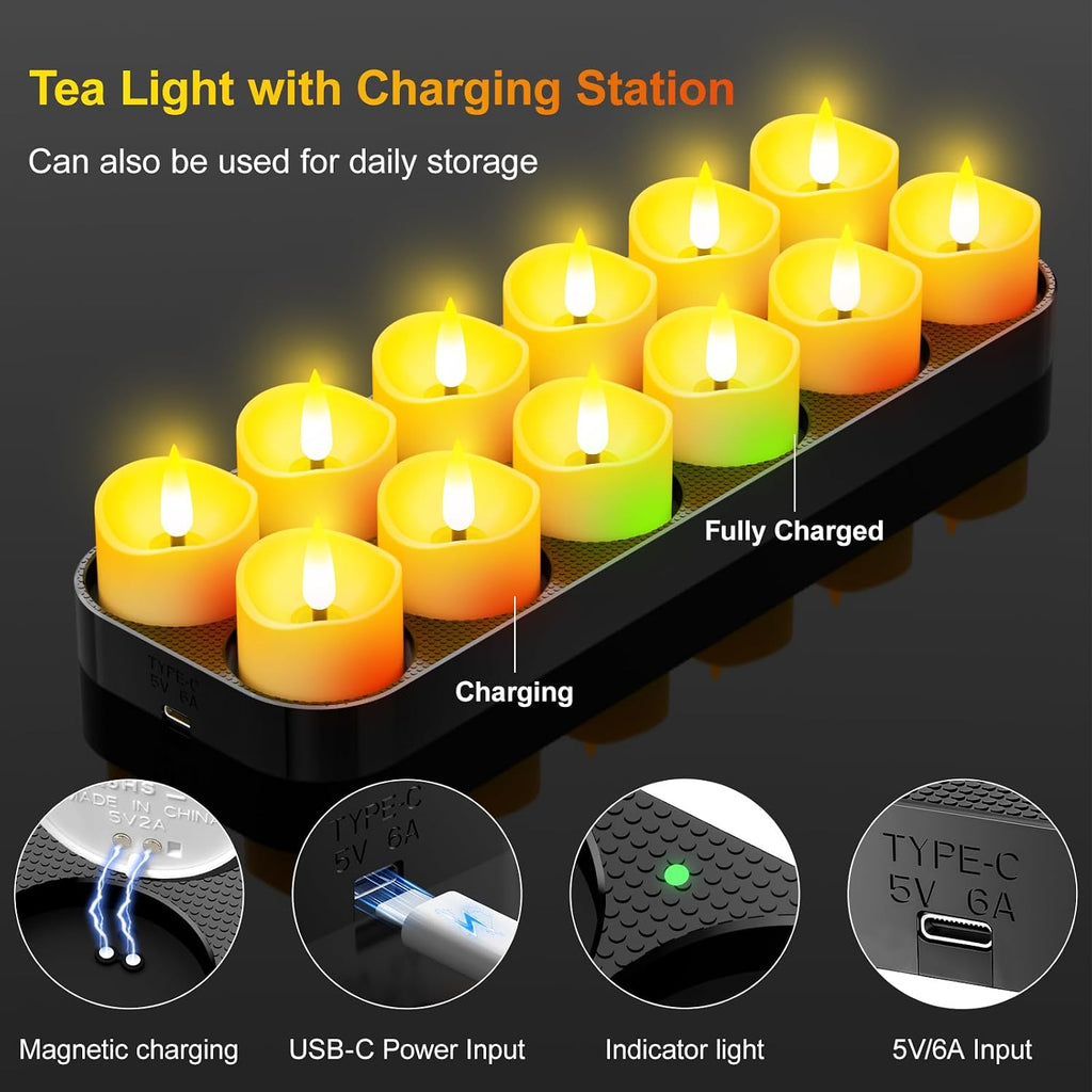 Rechargeable Tea Lights 24 Pack with Remote & Timer, Magnetic Charging Base