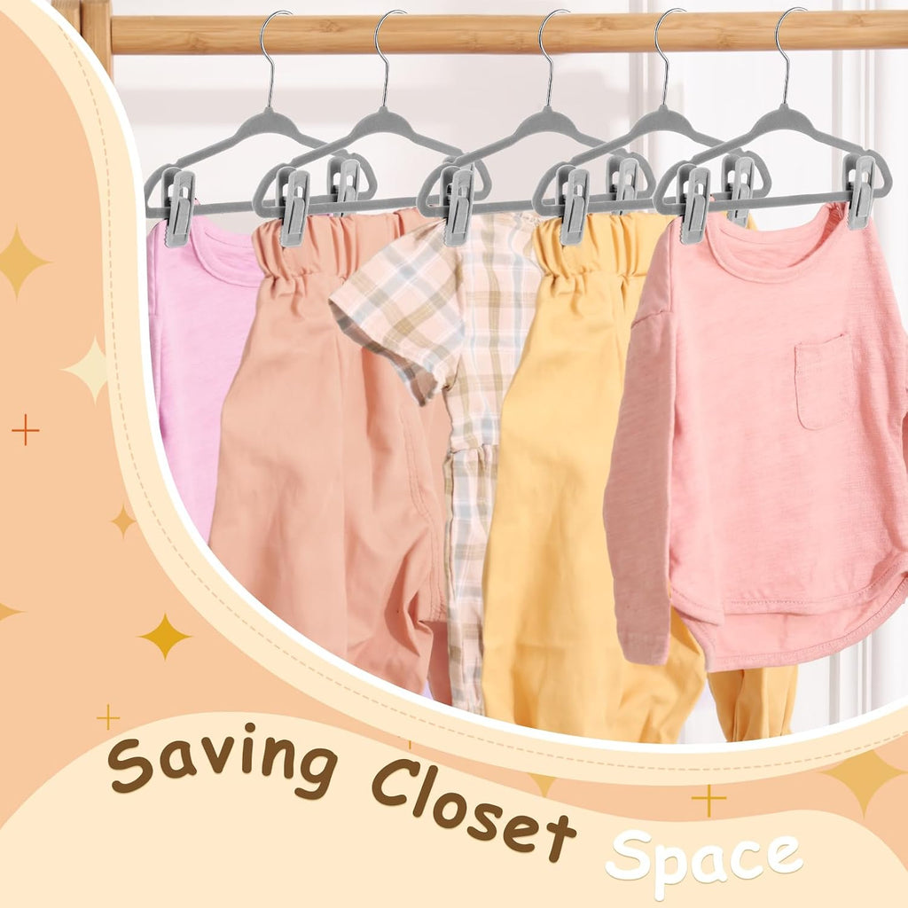 Soaoo 20 Pcs Grey Velvet Kids Hangers with Clips, 11 Inch Non-Slip Slim