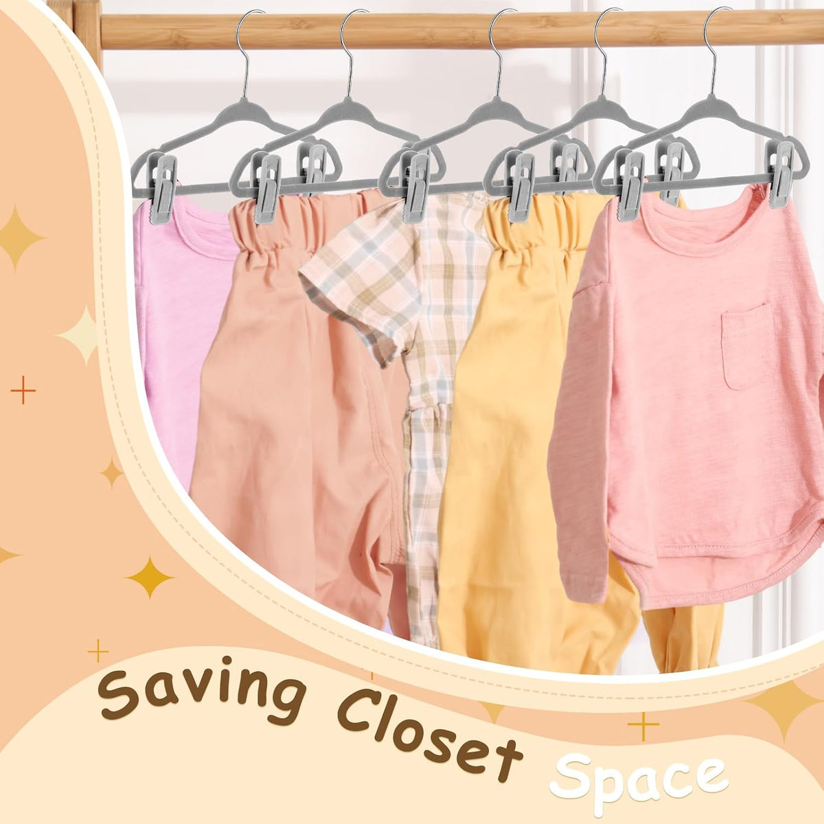 Soaoo 20 Pcs Grey Velvet Kids Hangers with Clips, 11 Inch Non-Slip Slim