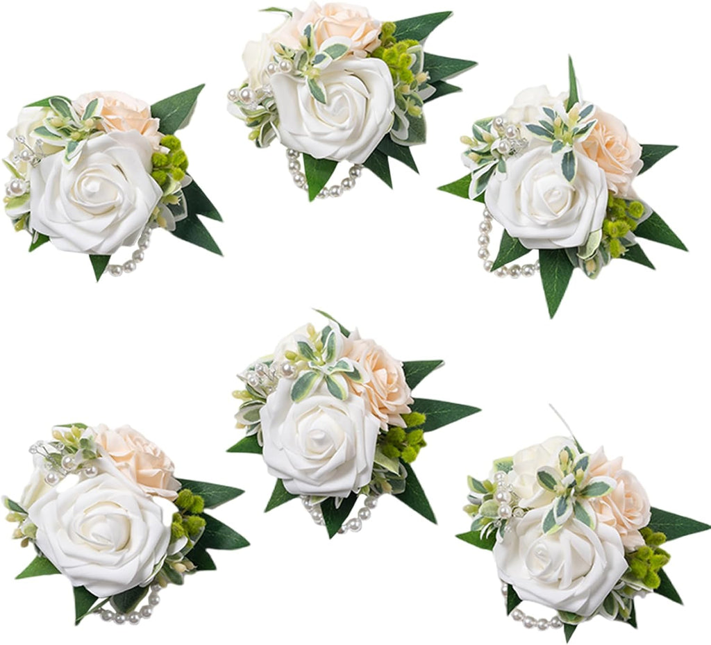White Wrist Corsages, Set of 6,Faux Flowers for Women Wedding