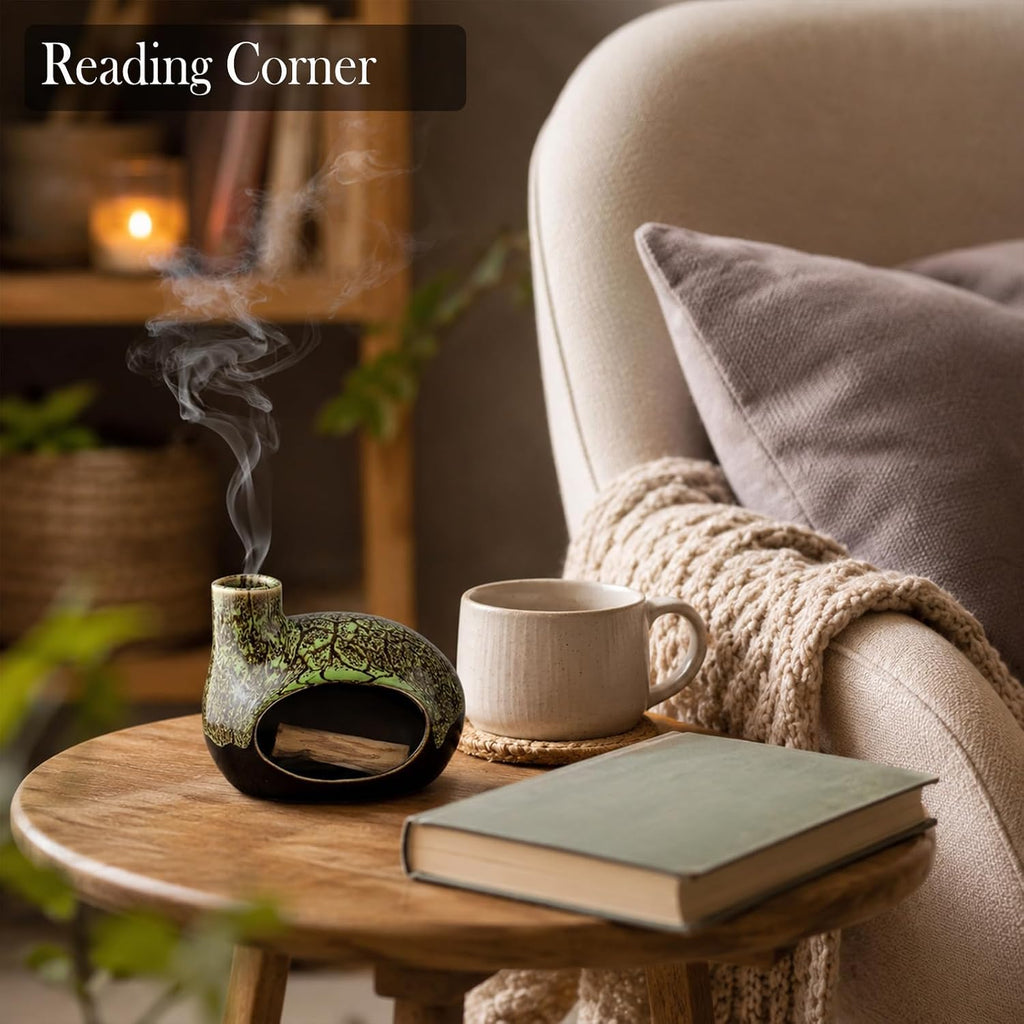 Handcrafted Ceramic Palo Santo Holder – Artistic Incense Burner for Meditation, Mindfulness and Zen Home Decor – Wabi-Sabi Style Cone Sculpture, Gift for Yoga, Relaxation & Aromatherapy (Green)