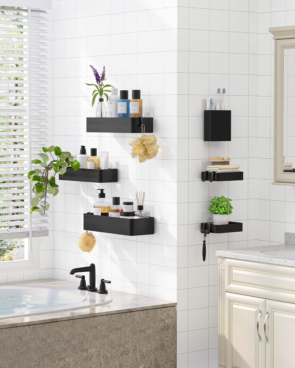 Kitsure Large Shower Caddy - Adhesive 6-Pack Bathroom Shelves, Black