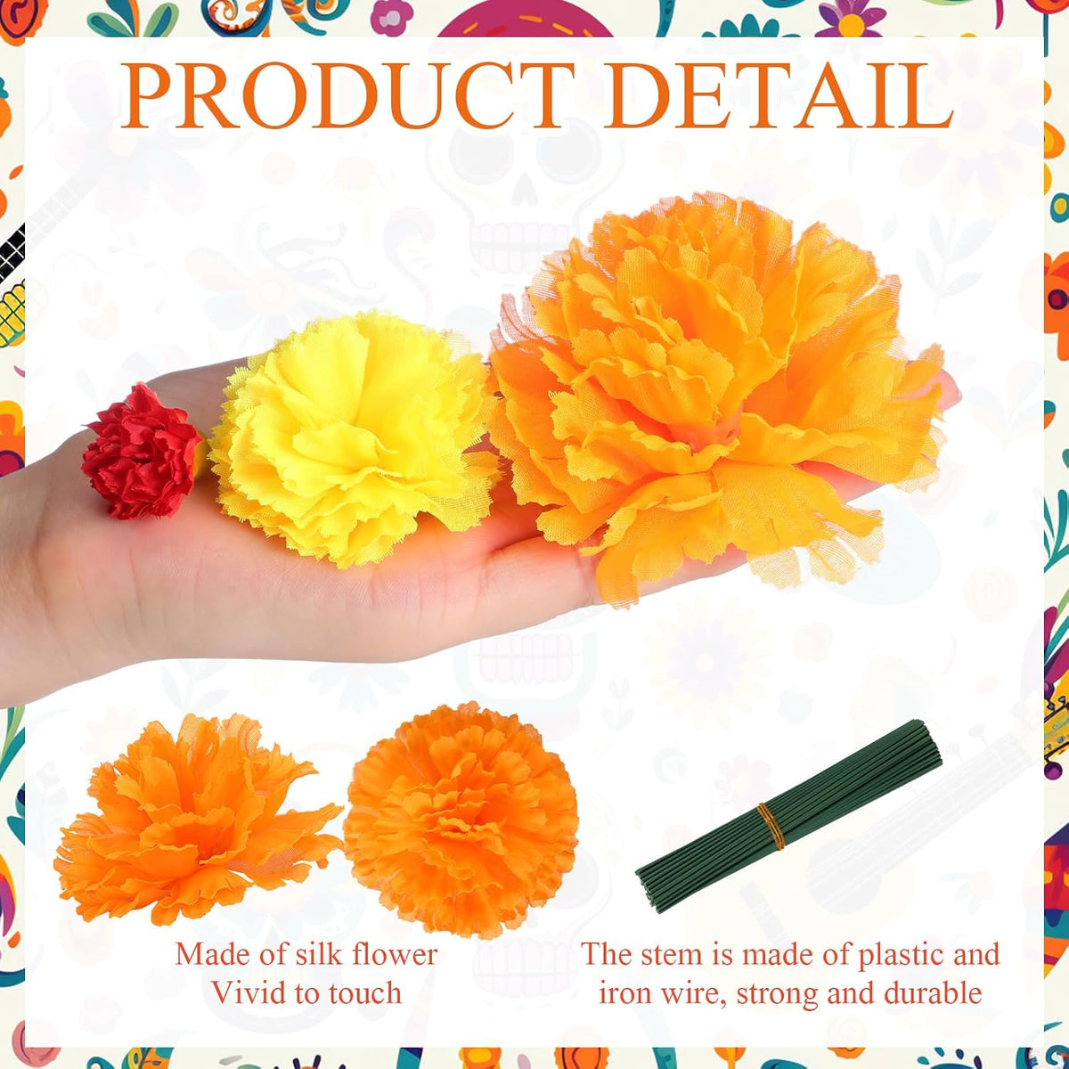 Daifunli 72 Pcs Day of The Dead Artificial Marigold Flowers, Three Color