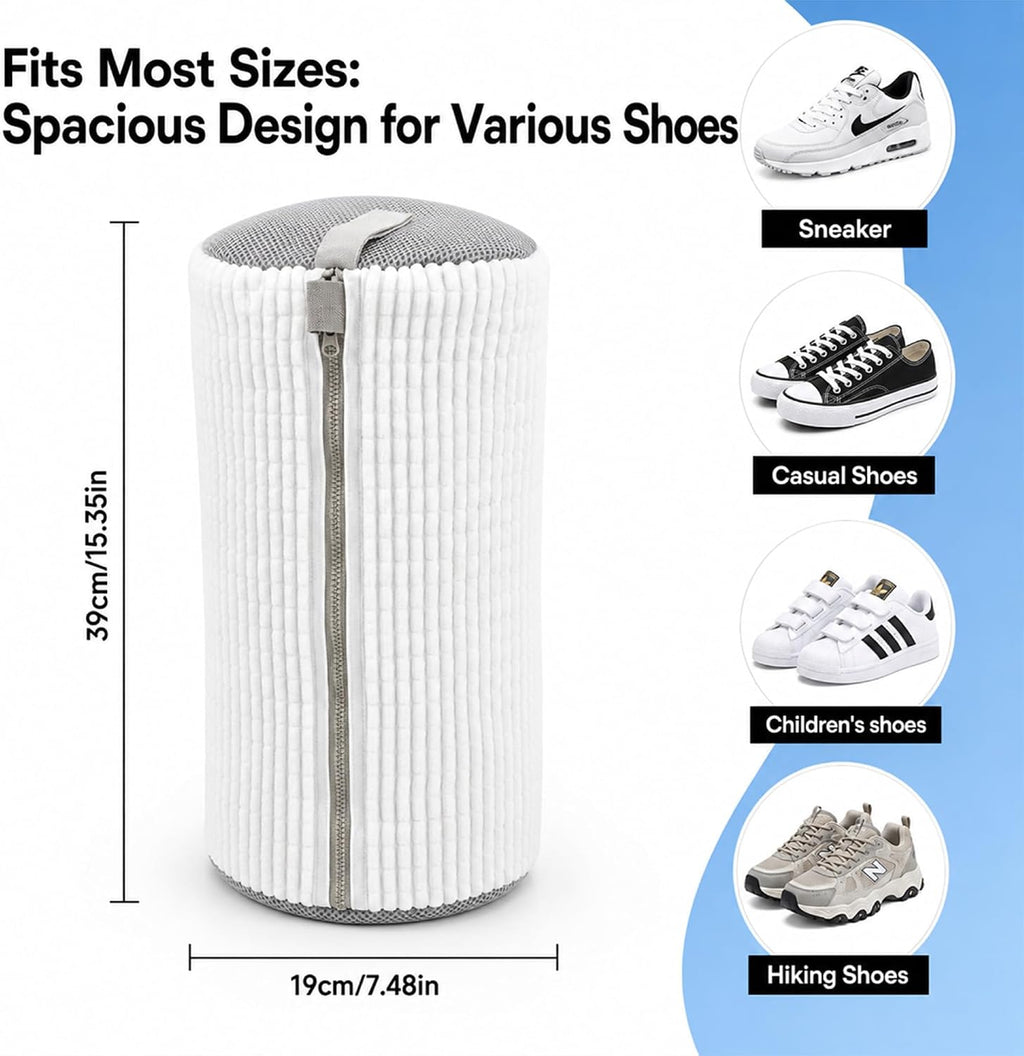 Sneaker Washing Machine Bag for Shoes, 360° Deep Cleaning Microfiber Laundry Bag with Secure Zipper, Reusable Shoe Washer Bag, Includes 4 Adjustable Shoe Trees & 2 Bags