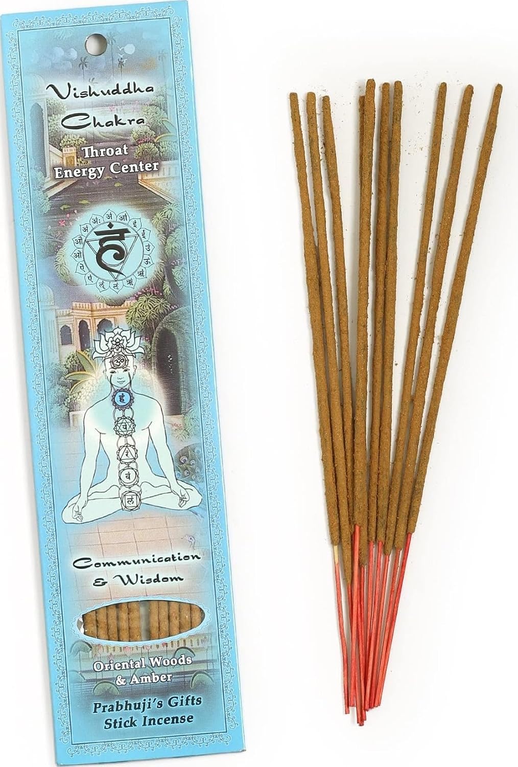 Prabhuji’s Gifts - Divine Chakra Incense Sticks - Vishuddha Throat Energy - Handmade Herbal Indian Incense - Agarbatti for Meditation & Cleansing - Ether Element, Communication & Wisdom (10 Pack)