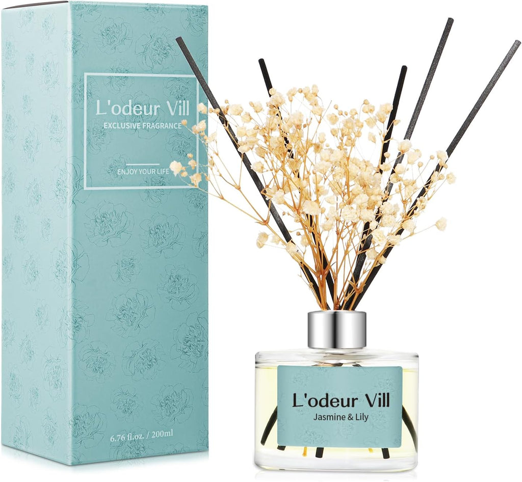L'odeur Vill Reed Diffuser Set, 6.7 oz(200ml) Jasmine & Lily Scented Diffuser with 6 Oil Diffuser Sticks, Home Fragrance Essential Oil Reed Diffuser for Home Large Rooms Bathroom Shelf Decor