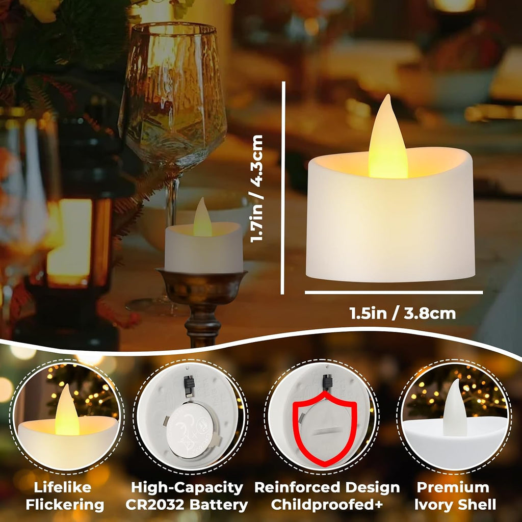 Realistic Flameless LED Tea Lights - Battery-Powered Dancing Flame Candles for Weddings, Halloween, Votives | Safe Child-Resistant, Flickering Ambiance Decor (White Base, 100 Pack)