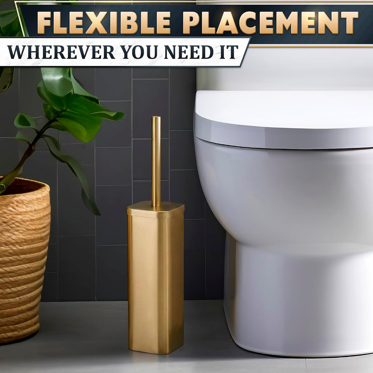 Gold Toilet Brush and Holder Set, Detachable Long Handle (Square)