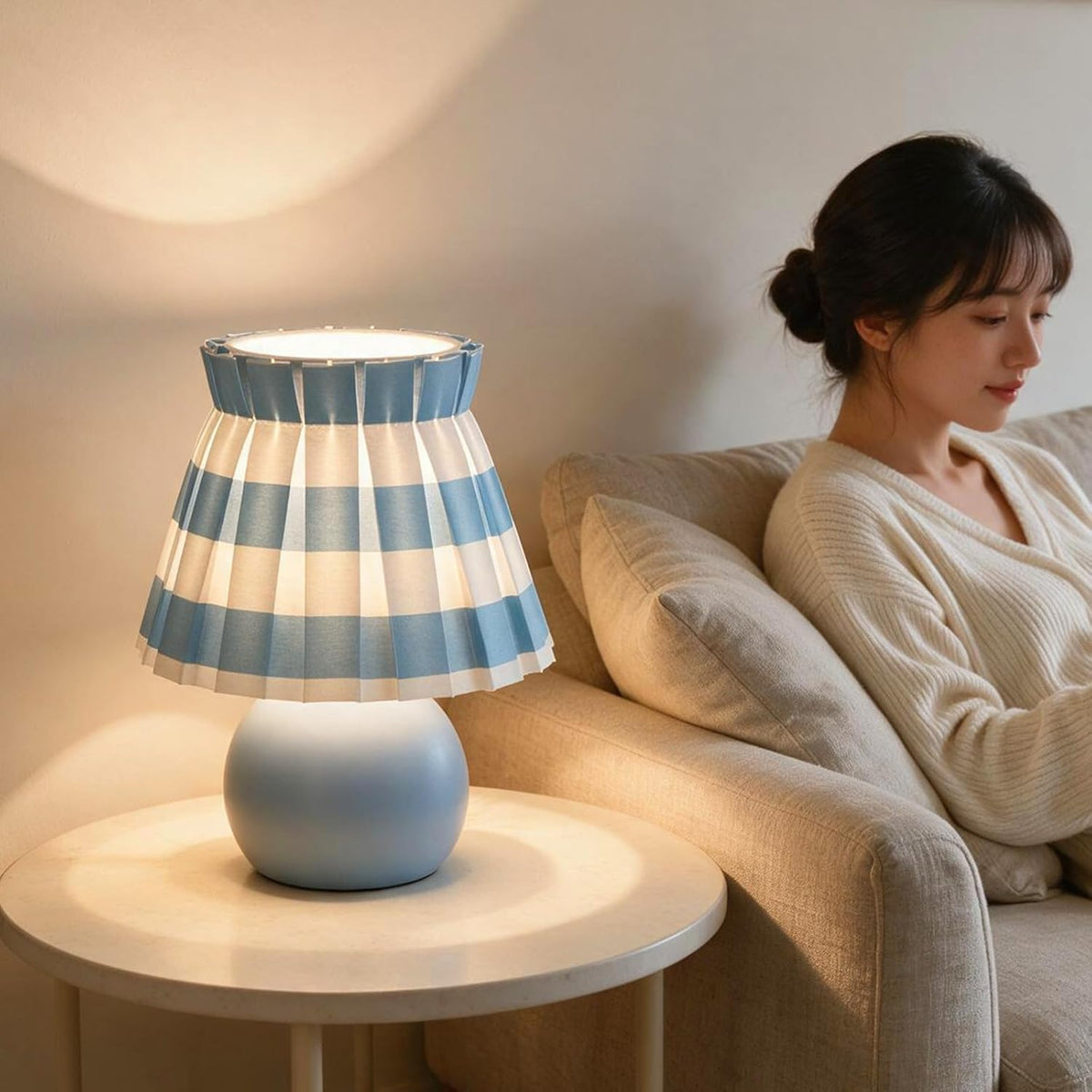 Ziqqeelam Blue White Plaid Small Bedside Table Lamp, Round Blue Base Nightstand Lamp, Cute Mini Table Lamp with Pleated Shade for Bedroom, Kitchen Counter, Bookshelf, Living Room, Kids Dorm