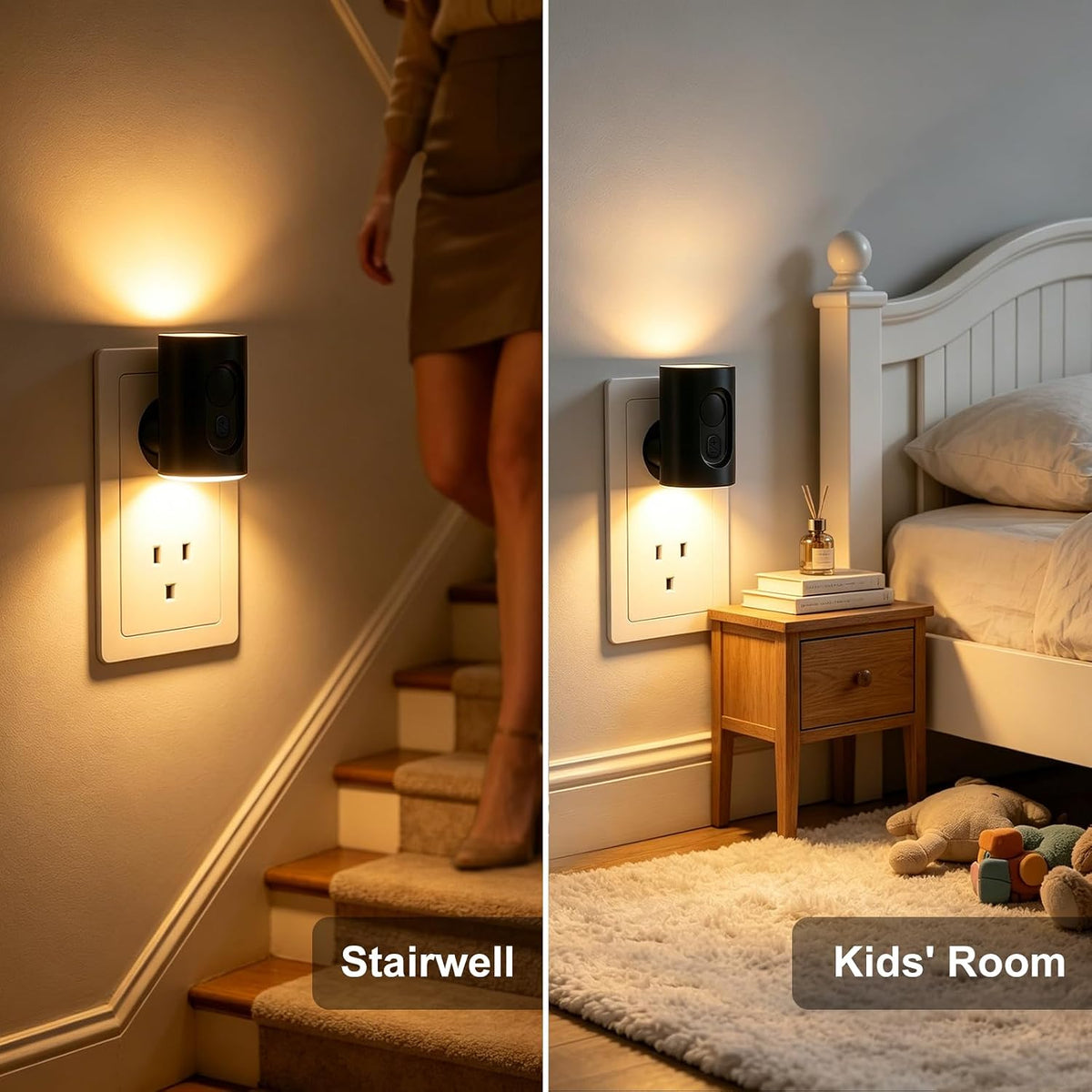 Plug in LED Night Light, Motion Sensor, Warm White Dimmable, Black 2 Pack